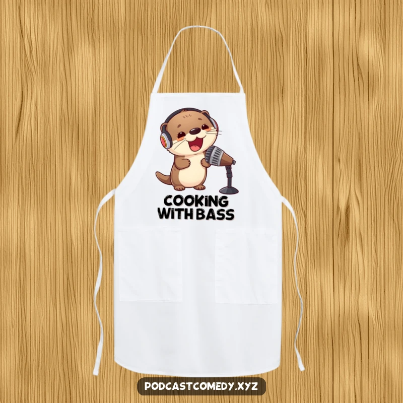 Funny Kawaii Otter Apron: Cute otter wearing headphones, ready to cook with musical enthusiasm. Fun kitchen accessory.