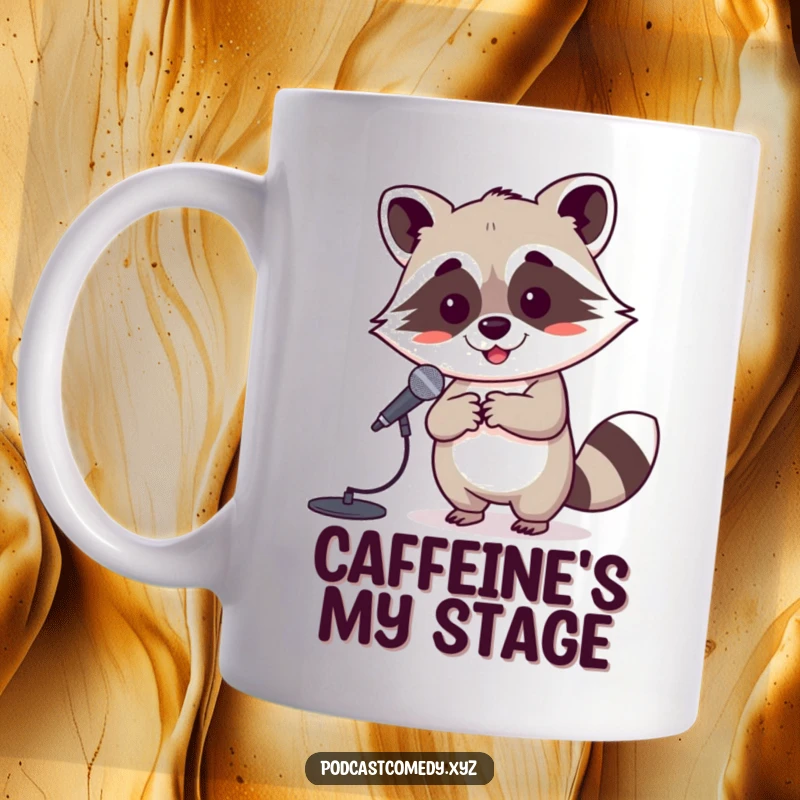 Funny Kawaii Raccoon Singing Mug: Playful raccoon holding a tiny microphone stand, ready to sing. Adorable and fun.