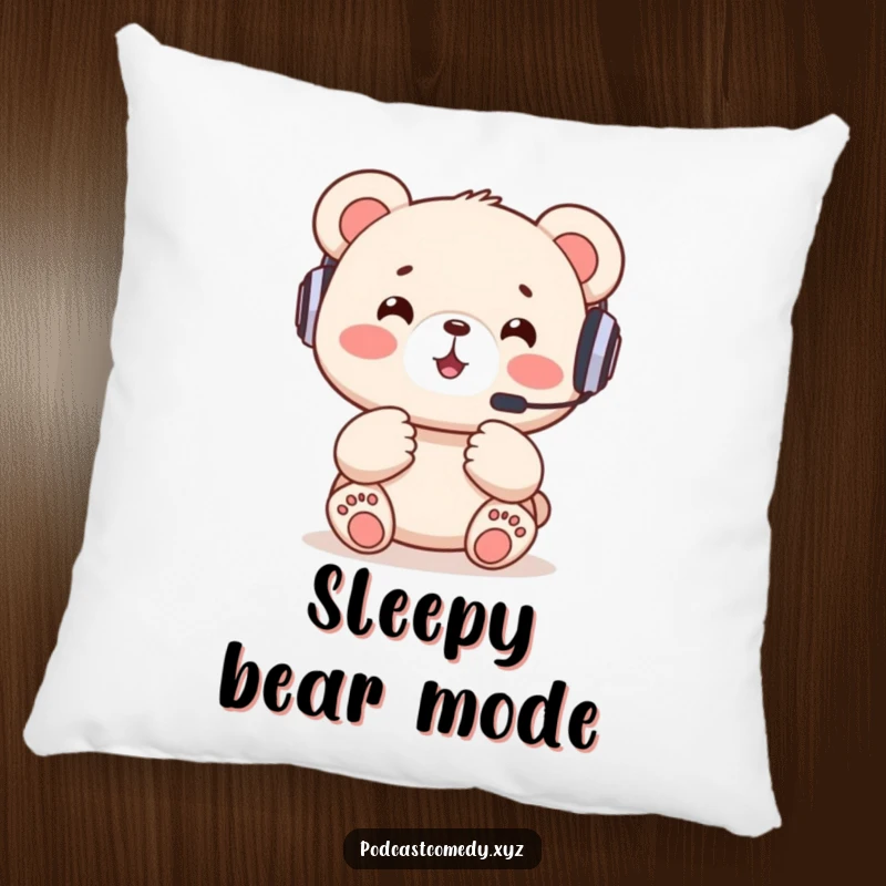 Funny Kawaii Bear Pillow: Soft pillow featuring a cute bear cub with a headset, ideal for gamer comfort.