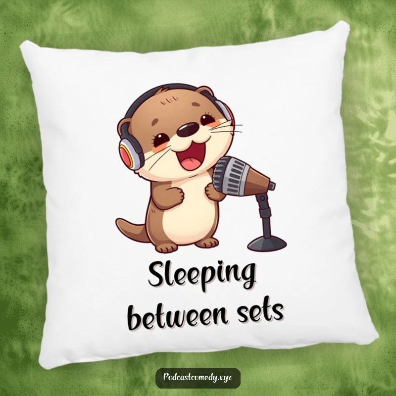 Funny Kawaii Otter Pillow: Soft pillow featuring a cute otter with headphones and a microphone, ideal for music lovers.