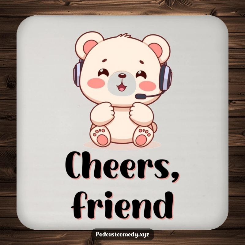 Funny Kawaii Bear Drink Coaster: Cute bear cub with headset, excitedly gesturing, adding gaming style to surfaces.
