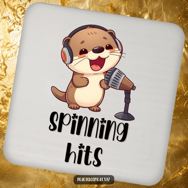 Funny Kawaii Otter Drink Coaster: Cute otter with headphones and microphone, protecting surfaces with musical charm.