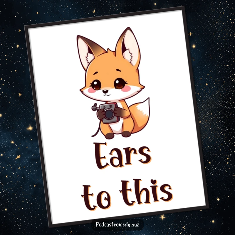 Funny Kawaii Fox Poster: Curious fox tilting its head, holding a recorder, adding intrigue to walls.