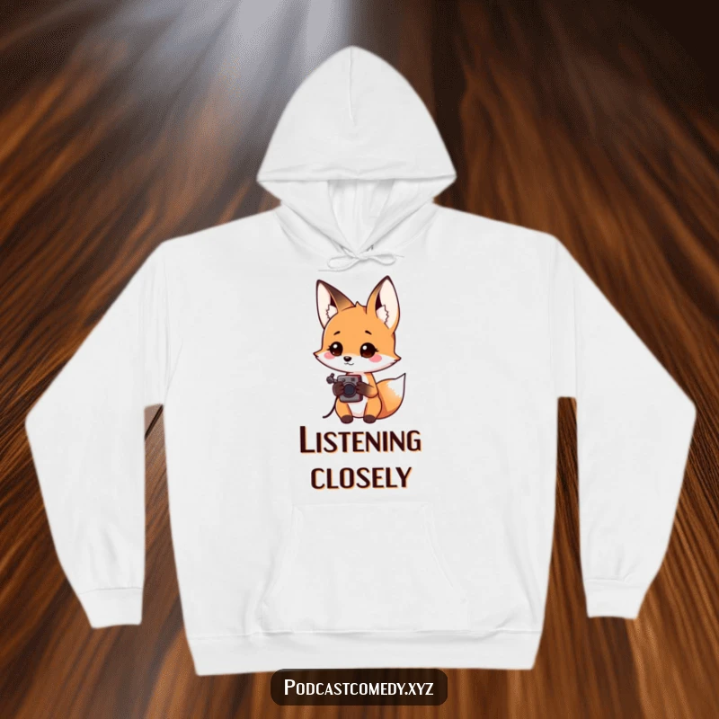 Funny Kawaii Fox Hoodie: Adorable fox with a small audio recorder, tilting its head inquisitively. Cozy and perfect for explorers.