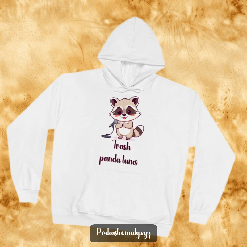 Funny Kawaii Raccoon Hoodie: Adorable raccoon holding a microphone stand, radiating cheerful performing energy. Cozy and fun.