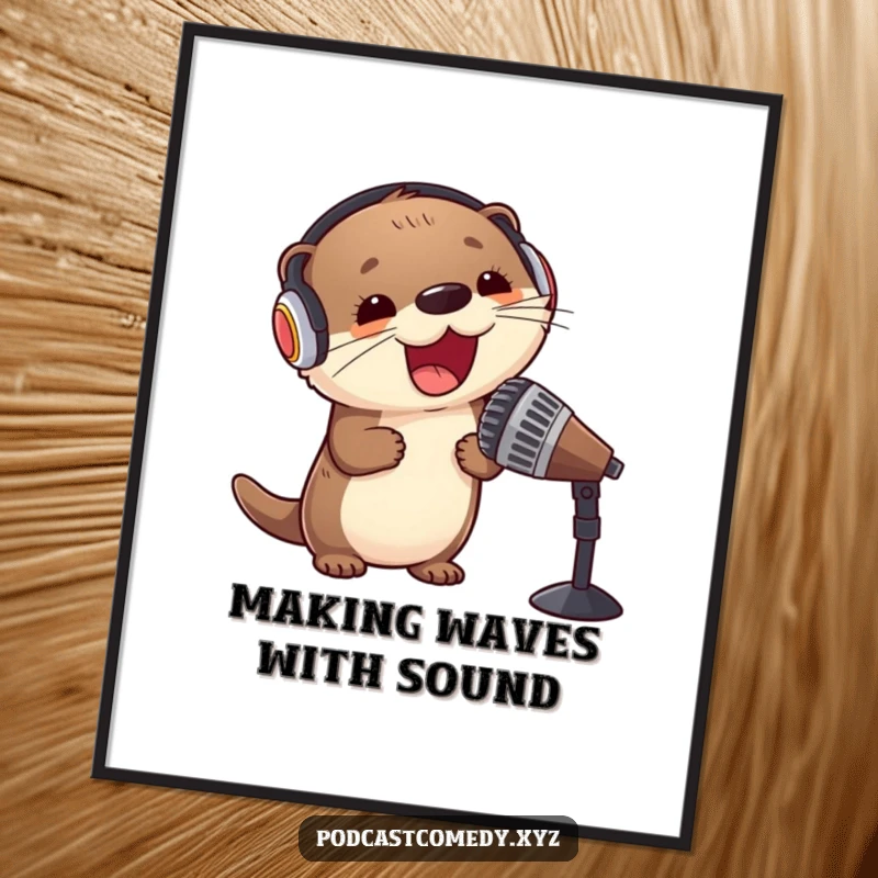 Funny free printable wall art: a kawaii otter with headphones, leaning into a large microphone, looking ecstatic after a performance.