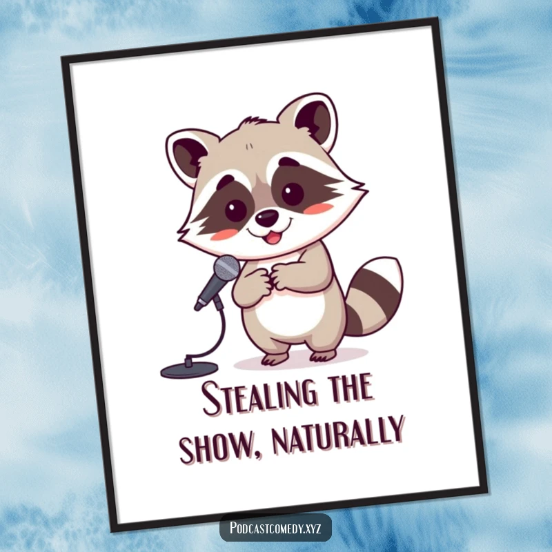 Funny free printable wall art: a cheerful kawaii raccoon bouncing with a tiny microphone stand, ready to put on a show.