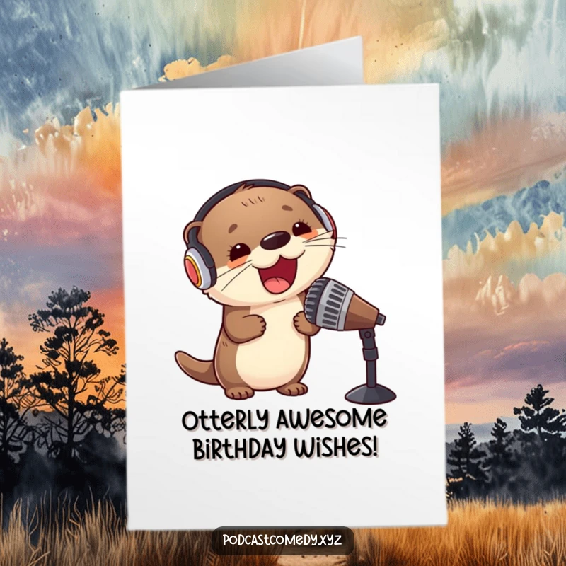 Funny free printable birthday card: kawaii otter with headphones, leaning into a mic, ready to belt out a tune with pure excitement.