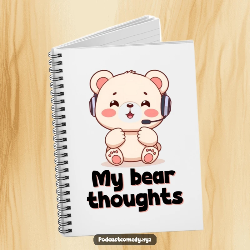 Funny Kawaii Bear Notebook: Cute bear cub with headset and gesturing paws, ideal for planning game strategies.