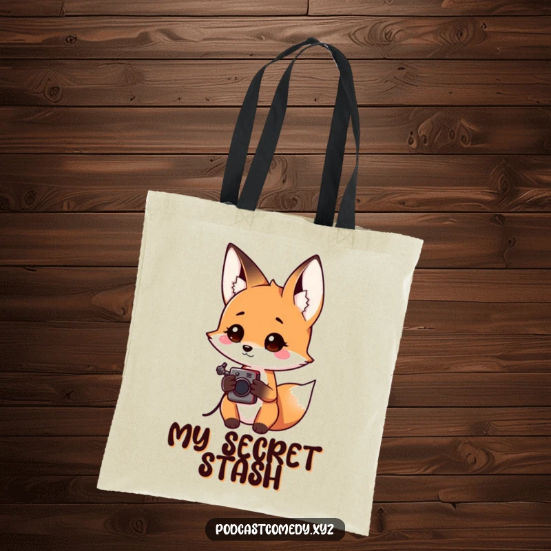 Funny Kawaii Fox Tote Bag: Curious fox holding an audio recorder, perfect for carrying exploration gear and notes.