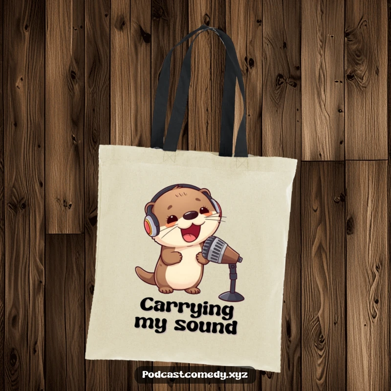 Funny Kawaii Otter Tote Bag: Cute otter with headphones and microphone, ready for music adventures. Practical and joyful.