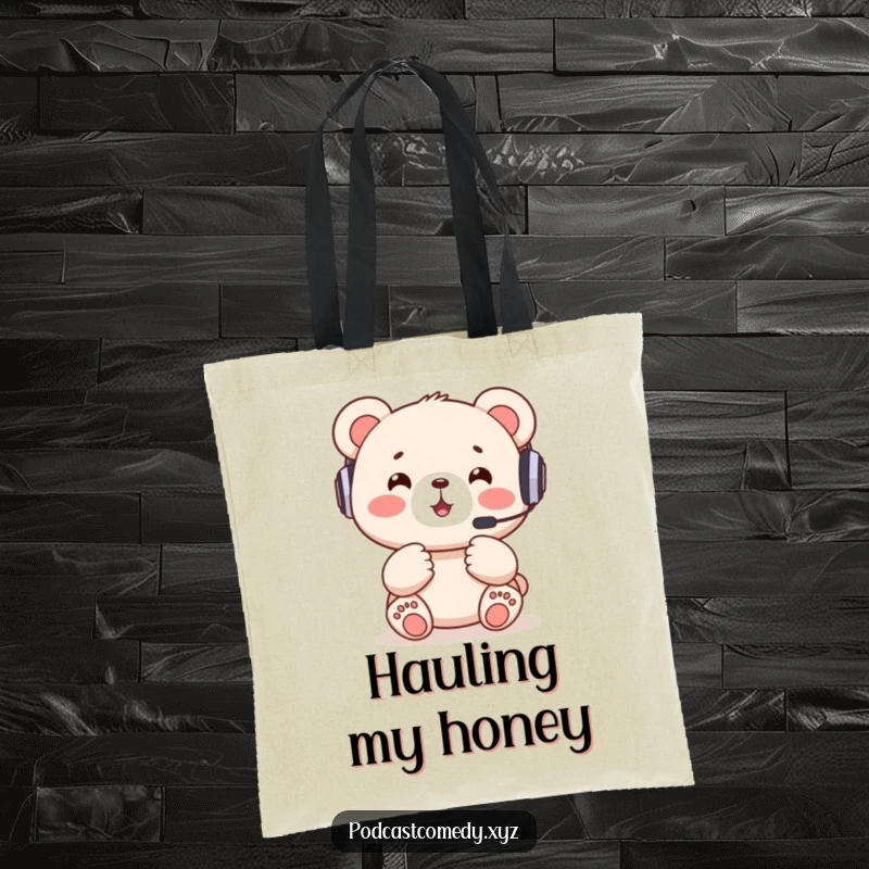 Funny Kawaii Bear Gamer Tote Bag: Cute bear cub with a headset, excitedly gesturing, ideal for carrying gaming gear.